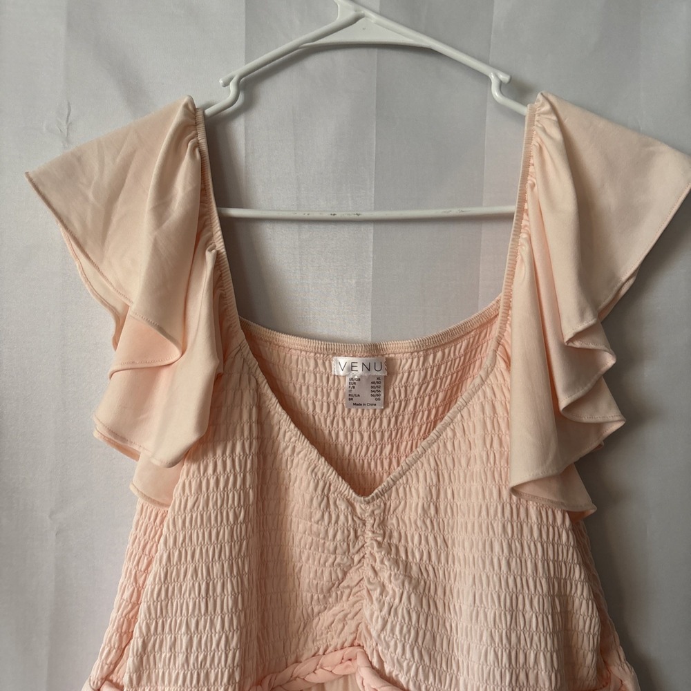 Venus Women's Pink Lace Hem  V-Neck Smocked Bodice Ruffle Cap Sleeve Dress XL - Picture 2 of 8